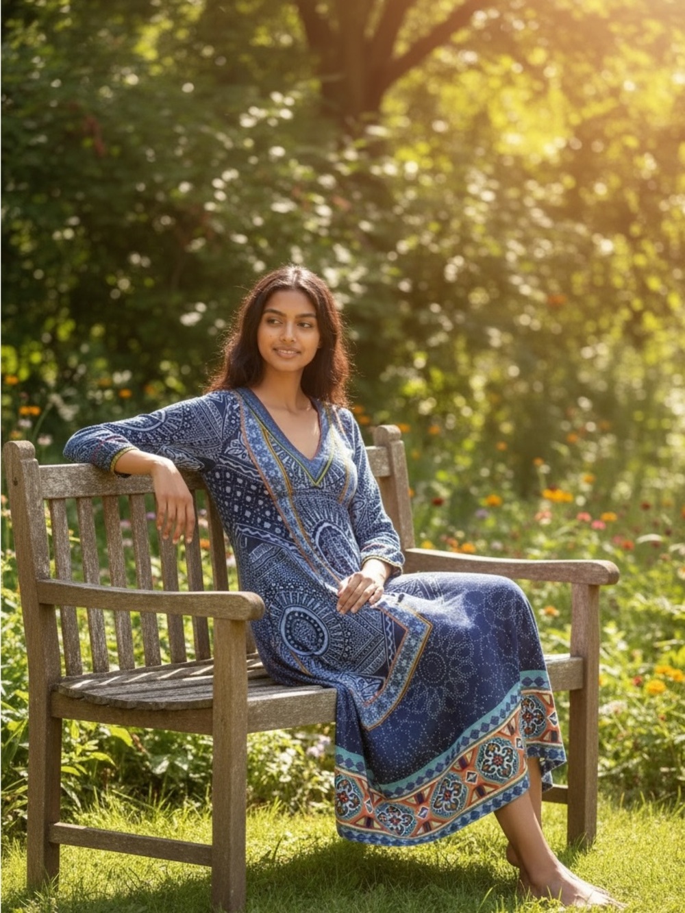 Flying Tomato Bohemian Navy Printed V-Neck Midi Dress